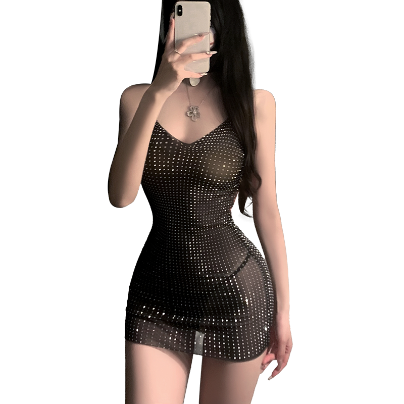 Fée et moi Deep V See-Through Rhinestone Mesh Dress