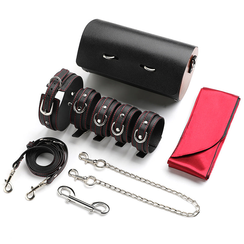 Edge 8-Piece Bondage Restraint Kit with Storage Case – Black & Red