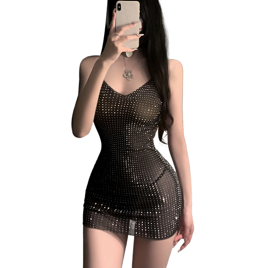Fée et moi Deep V See-Through Rhinestone Mesh Dress
