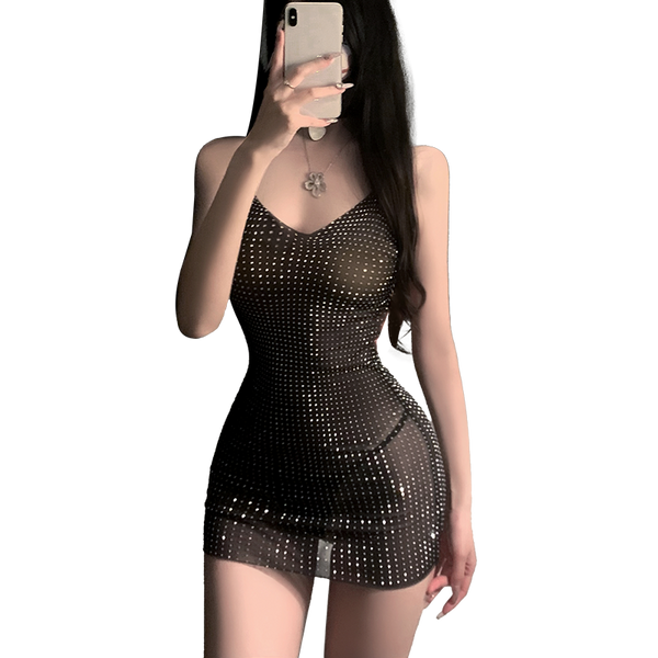 Fée et moi Deep V See-Through Rhinestone Mesh Dress