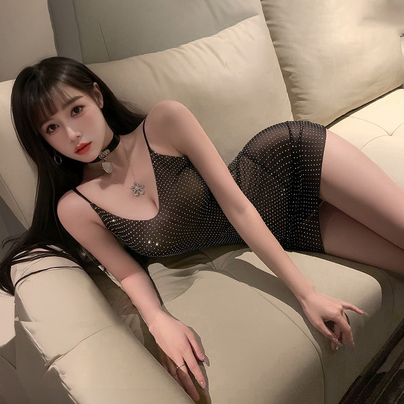 Fée et moi Deep V See-Through Rhinestone Mesh Dress