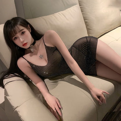 Fée et moi Deep V See-Through Rhinestone Mesh Dress
