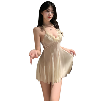 Fée et moi Milky Sheer Lace Deep V Babydoll Set