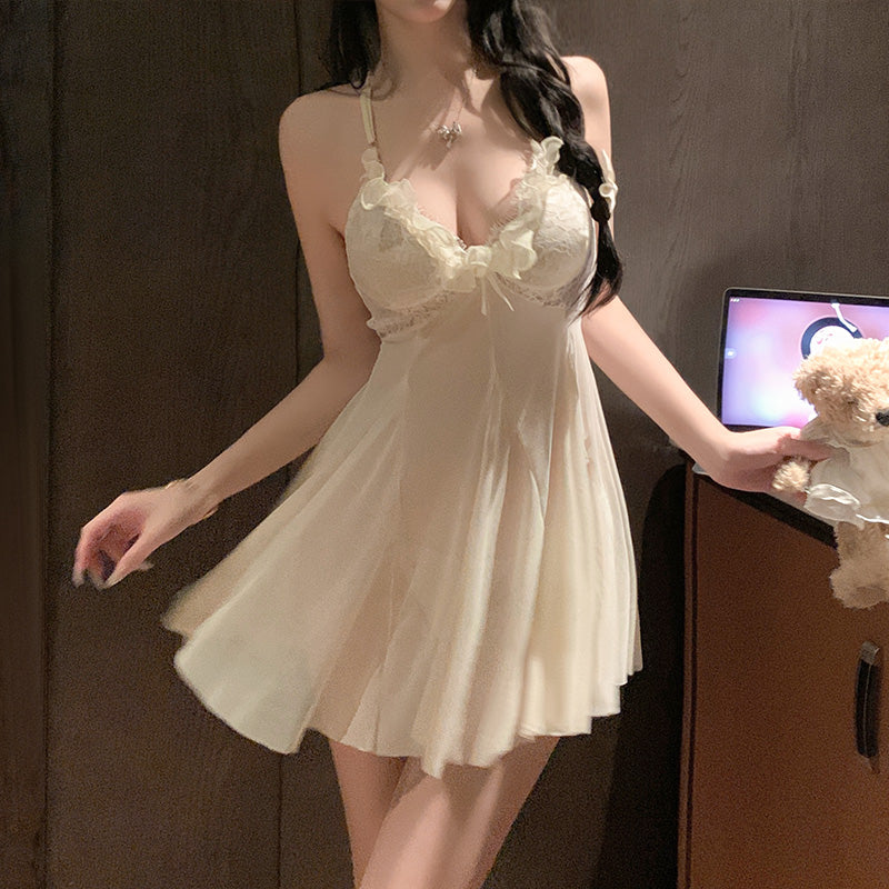 Fée et moi Milky Sheer Lace Deep V Babydoll Set