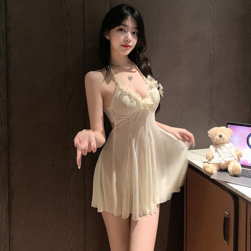 Fée et moi Milky Sheer Lace Deep V Babydoll Set