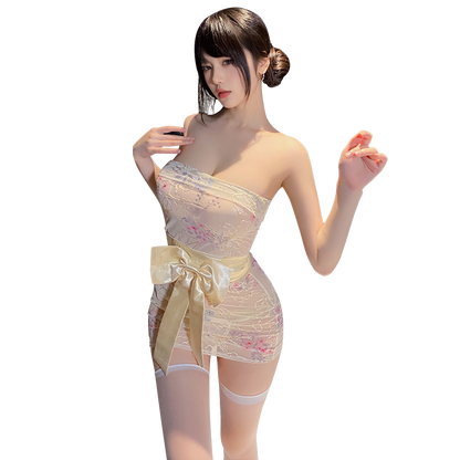 Fée et moi Sheer Floral Embroidery Kimono Set with Waist Bow