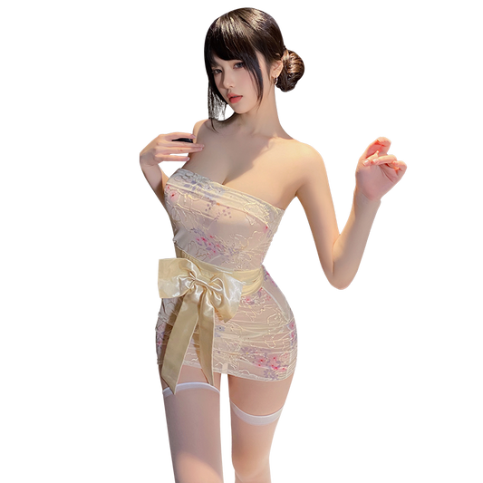 Fée et moi Sheer Floral Embroidery Kimono Set with Waist Bow