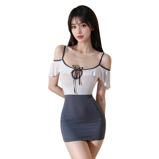 Fée et moi Off-Shoulder Lotus Edge Mini Dress Lingerie Set