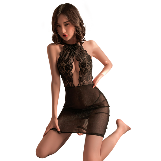 Fée et moi Glitter Lace Backless Mini Dress Lingerie Set
