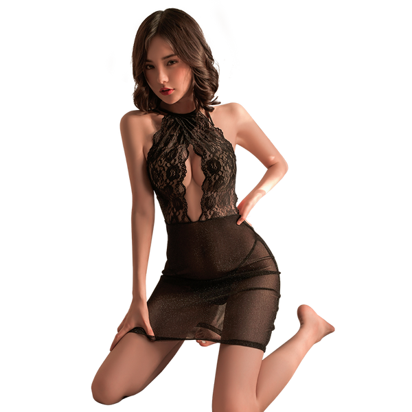 Fée et moi Glitter Lace Backless Mini Dress Lingerie Set