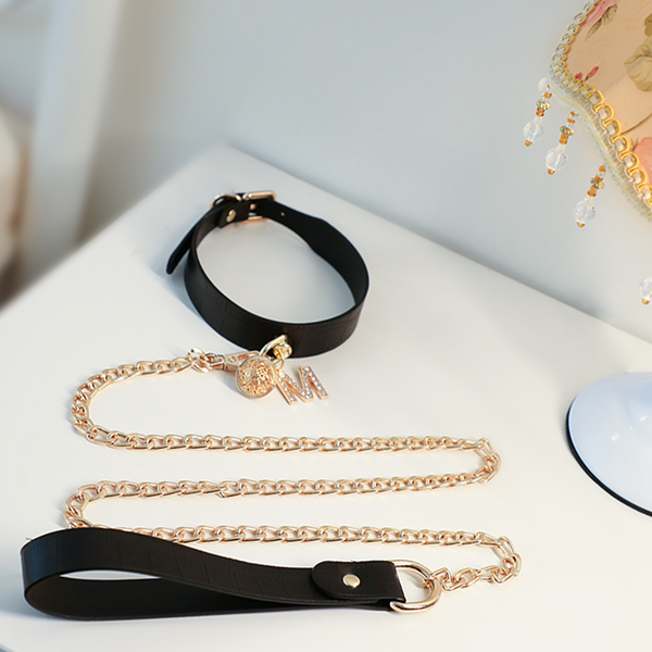 MizzZee PU Leather Collar with Gold Chain Leash